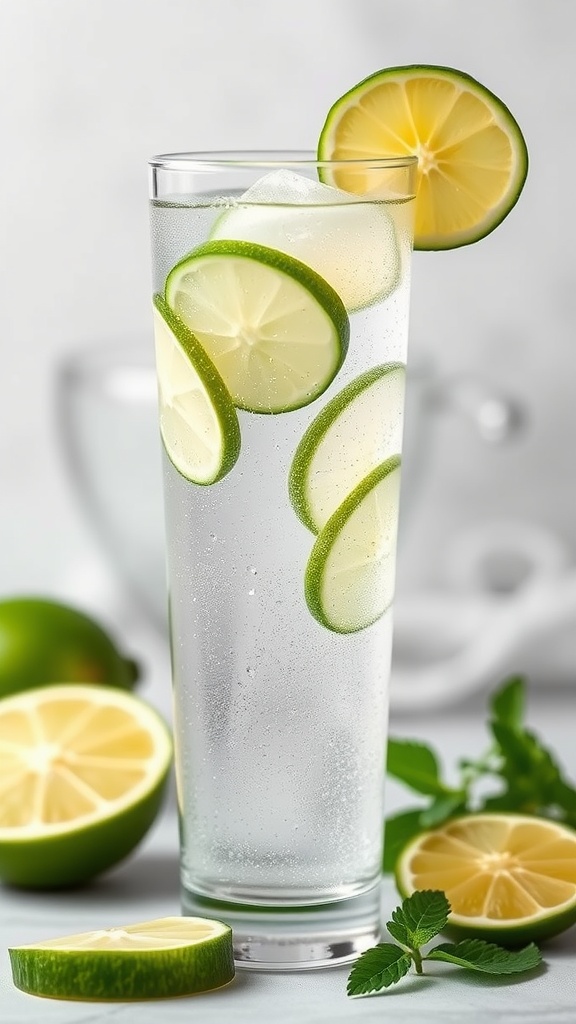 A refreshing Cucumber Lime Sparkler drink with cucumber and lime slices