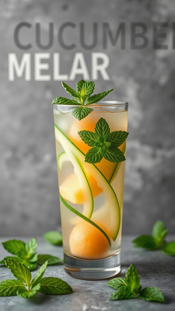 A refreshing Cucumber Melon Refresher drink with cucumber slices, melon balls, and mint leaves.