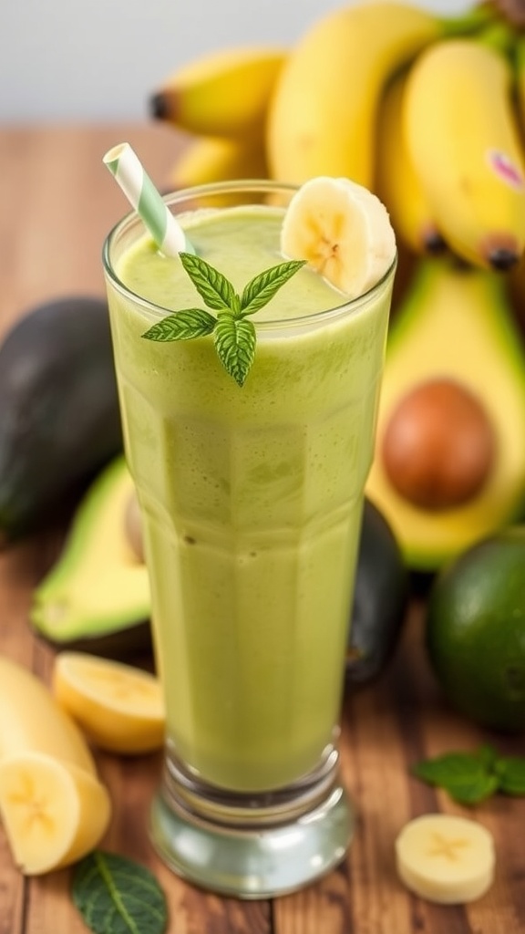 Refreshing Avocado Banana Smoothie Recipe A creamy avocado banana smoothie in a glass, garnished with banana slice and mint, on a wooden table.