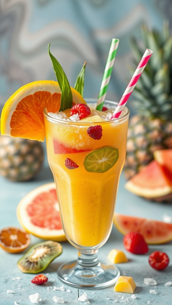 A refreshing glass of Frozen Tropical Fruit Punch garnished with fruits and mint leaves.