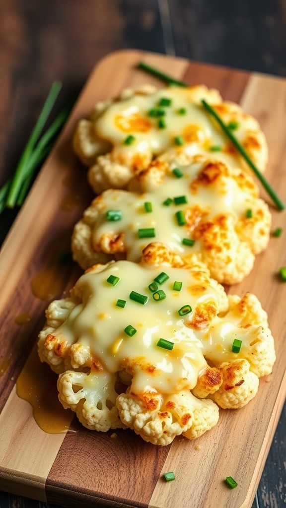 Garlic Butter Cheesy Cauliflower Steaks topped with melted cheese and chives on a wooden board.