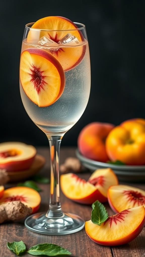 A refreshing Ginger Peach Spritzer in a glass with peach slices and mint leaves
