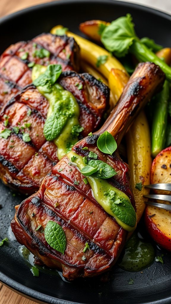 Grilled lamb steaks topped with mint chimichurri, served with vegetables.
