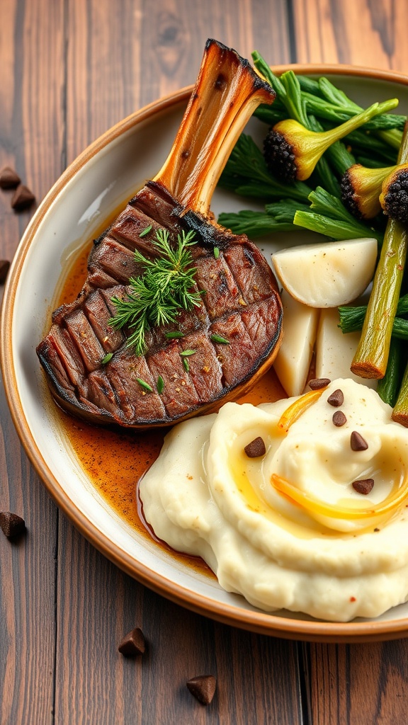 A plate of herb-crusted lamb steaks with garlic mashed potatoes and vegetables.