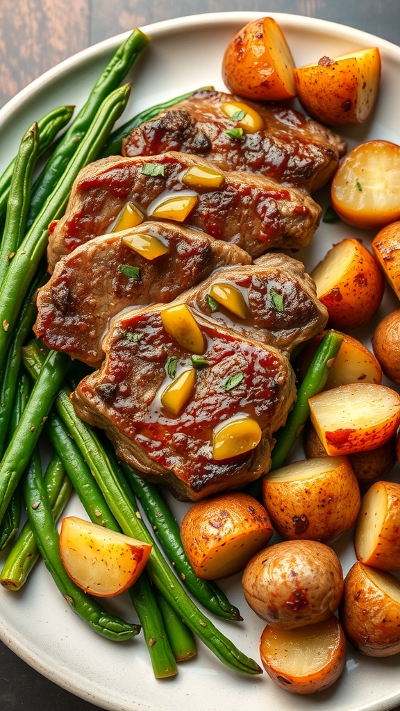 Honey Mustard Glazed Lamb Steaks served with green beans and roasted potatoes