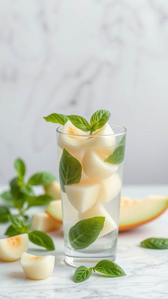 A refreshing Honeydew Basil Cooler drink with honeydew melon and basil leaves.