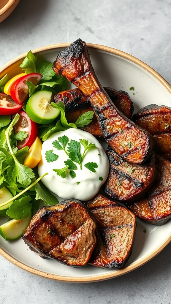 A plate of grilled lamb steaks served with a side salad and cilantro mint yogurt.
