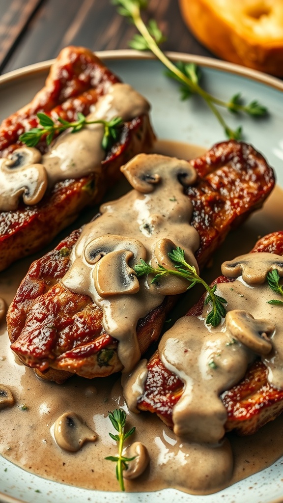 Lamb steaks topped with creamy mushroom sauce on a plate
