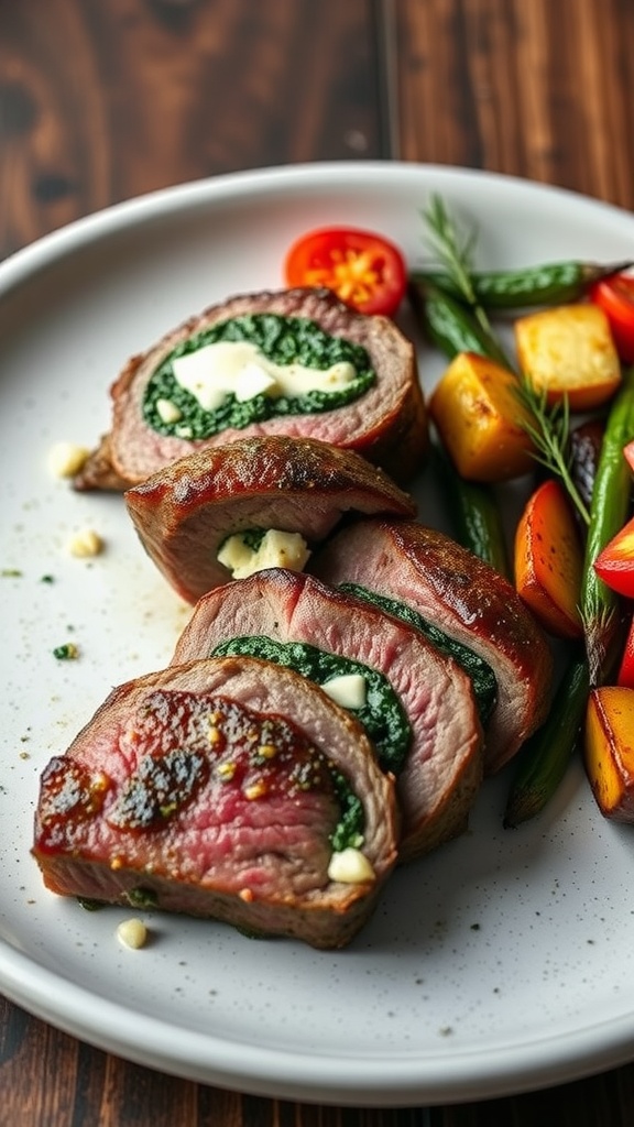 Lamb steaks stuffed with feta and spinach, served with roasted vegetables on a plate.