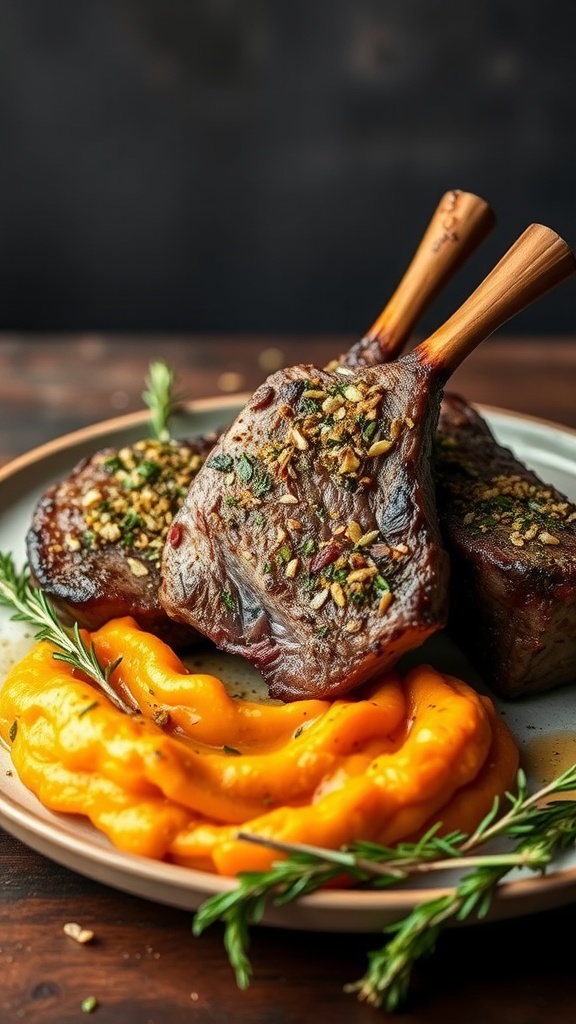 Lamb steaks with garlic and herb crust served with a side of creamy squash puree