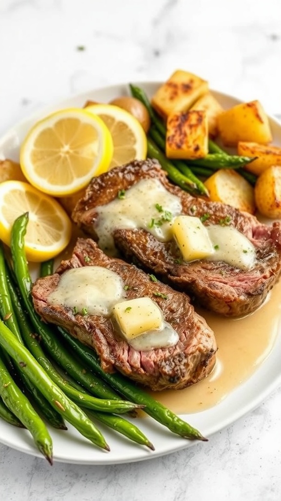 Lamb steaks with garlic lemon sauce served with green beans and roasted potatoes.