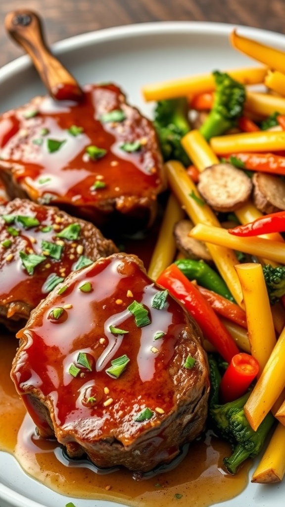 Lamb steaks with honey garlic glaze served with colorful vegetables