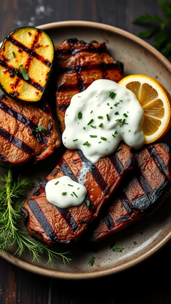 Grilled lamb steaks served with lemon and dill yogurt sauce on a plate