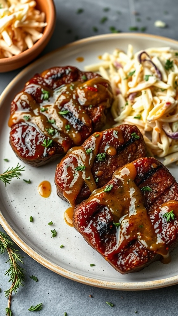 Lamb steaks with maple mustard glaze served with coleslaw