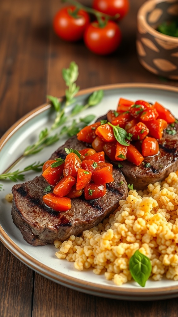 Lamb steaks topped with Mediterranean tomato relish served with couscous.