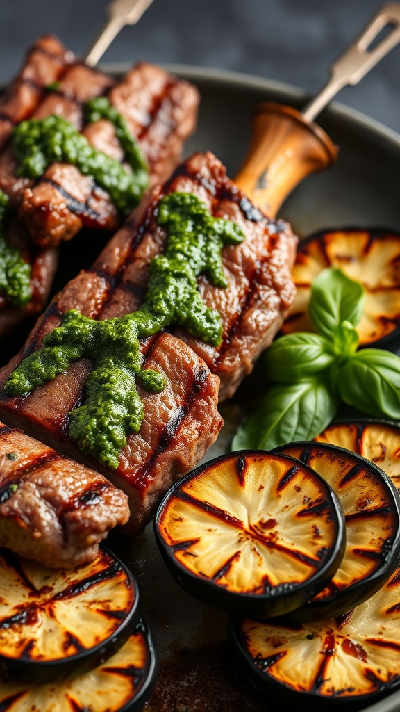 Grilled lamb steaks topped with pesto and served with grilled eggplant slices