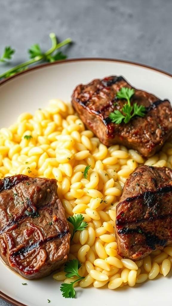 A plate of grilled lamb steaks served on a bed of saffron risotto, garnished with parsley.