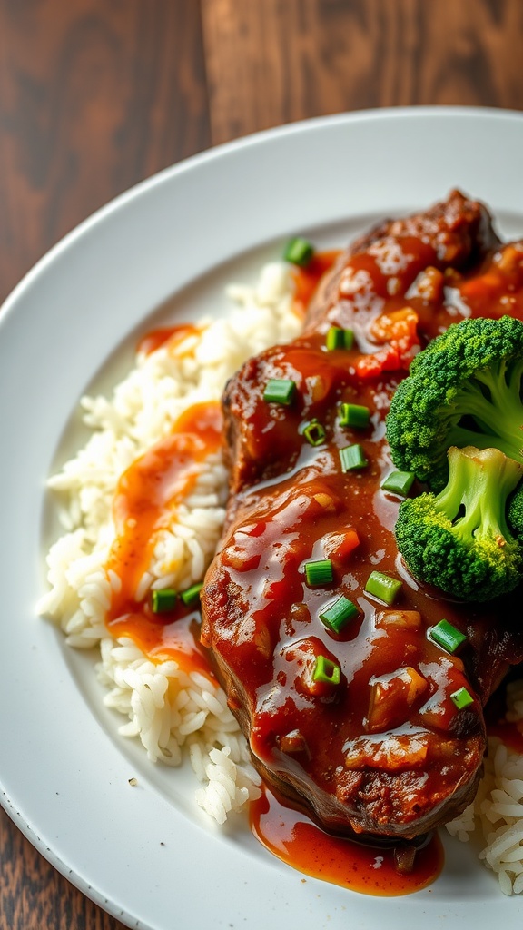 Lamb steaks with spicy garlic sauce served on a plate with rice and broccoli.