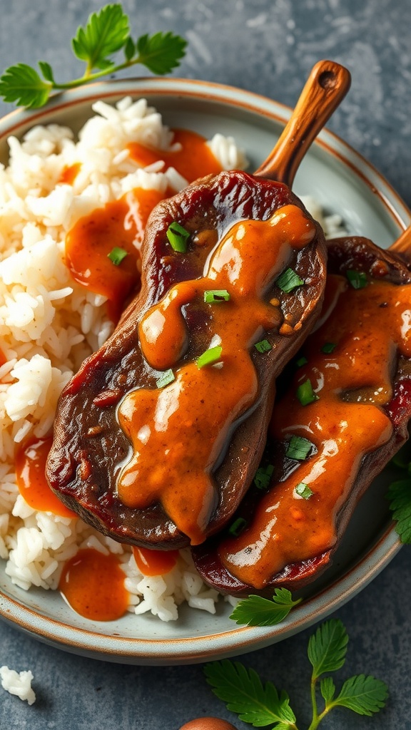 Lamb steaks with spicy peanut sauce served over rice