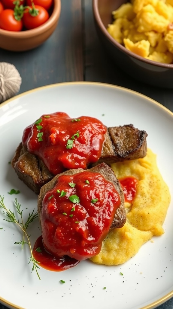 Lamb steaks topped with spicy tomato sauce served with mashed potatoes