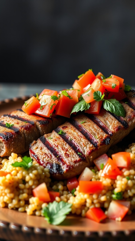 Grilled lamb steaks topped with tomato basil salsa served with couscous.