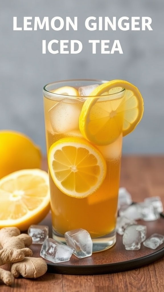 A glass of Lemon Ginger Iced Tea with lemon slices and ice cubes