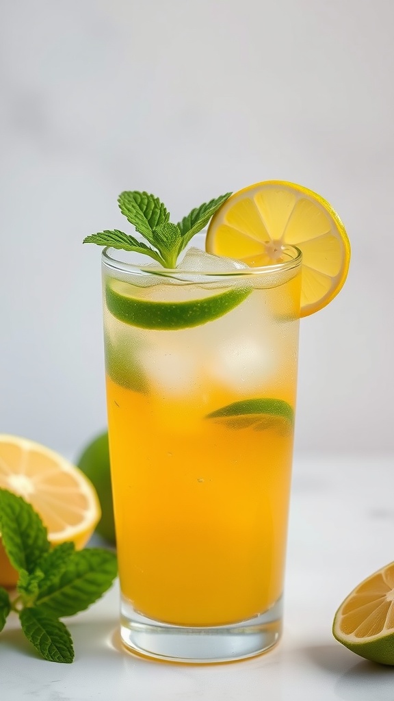 A refreshing glass of Mango Lime Agua Fresca garnished with lime and mint.