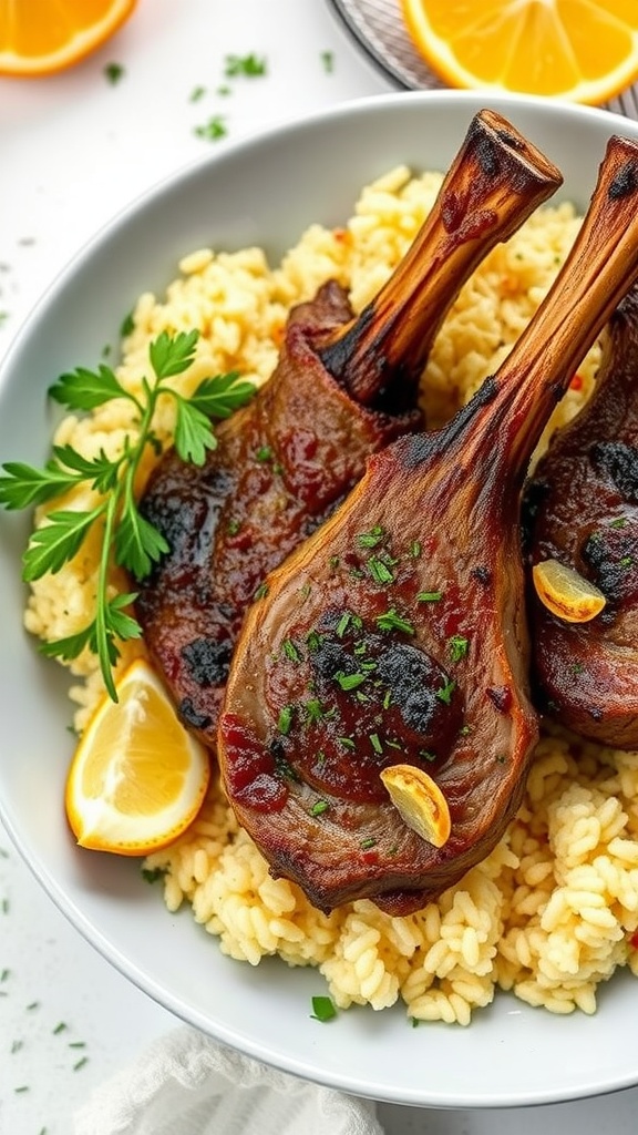 Moroccan Spiced Lamb Steaks served with couscous and garnished with lemon and parsley