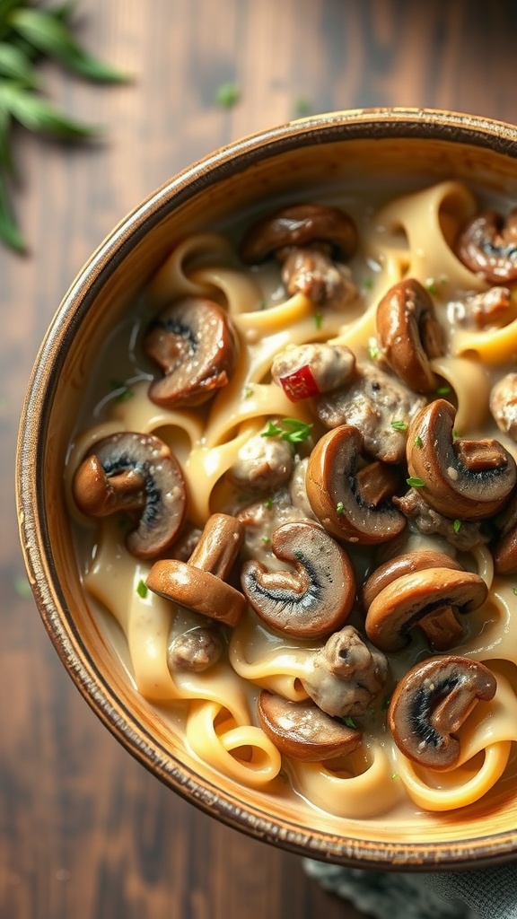 A bowl of Mushroom and Onion Beef Stroganoff with Stroganoff noodles, topped with mushrooms and parsley.