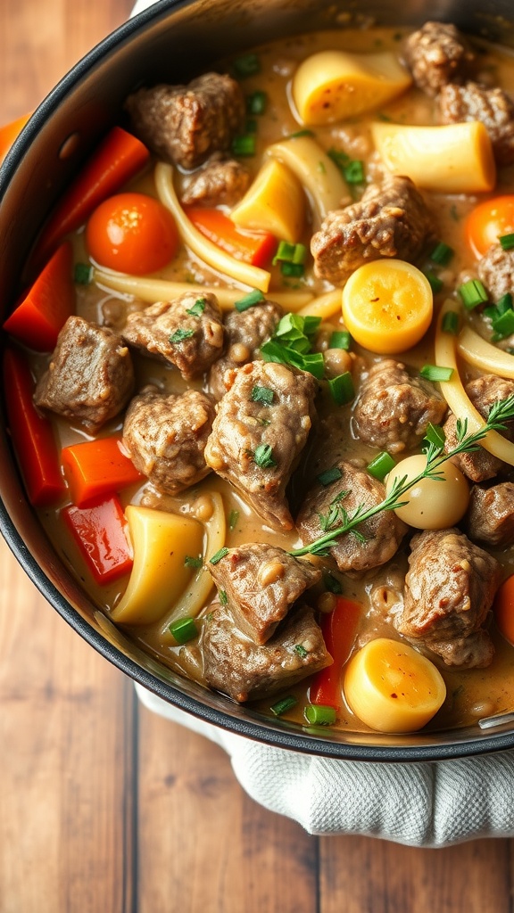 A pot of One-Pot Beef Stroganoff with Vegetables, featuring beef, noodles, and colorful veggies.