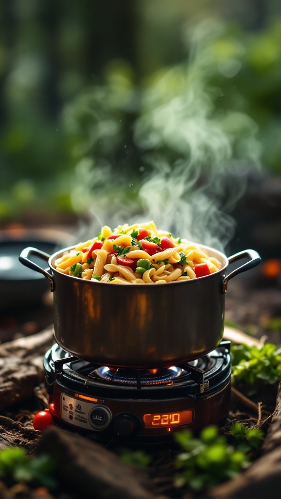A steaming pot of pasta primavera cooking over a portable stove in a camping setting.
