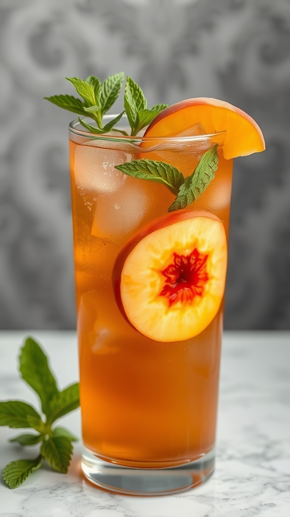 A refreshing glass of Peachy Keen Iced Tea garnished with mint and peach slices.
