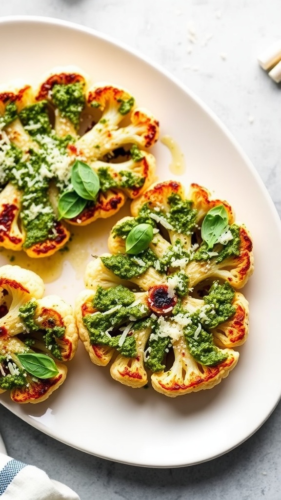 Pesto Parmesan Cauliflower Steaks on a white plate with basil garnish