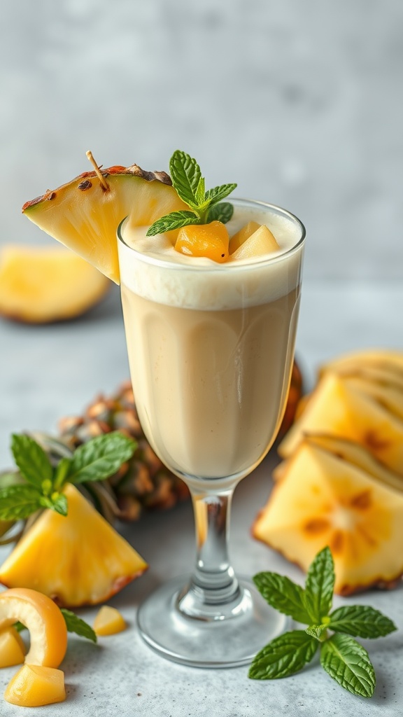 A refreshing Pineapple Mint Smoothie in a glass, garnished with mint and pineapple slices.