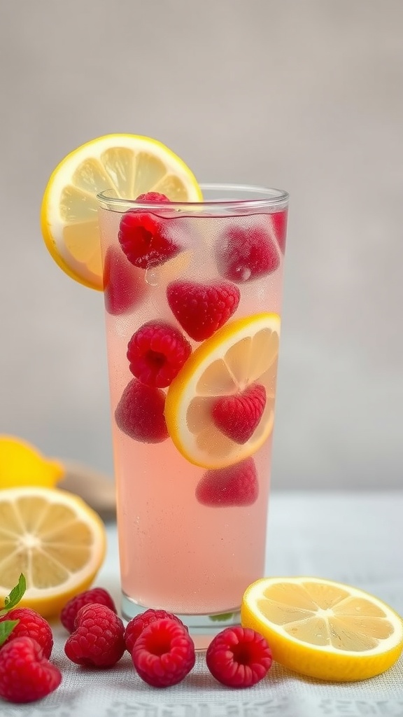 A refreshing Raspberry Lemon Fizz drink with raspberries and lemon slices