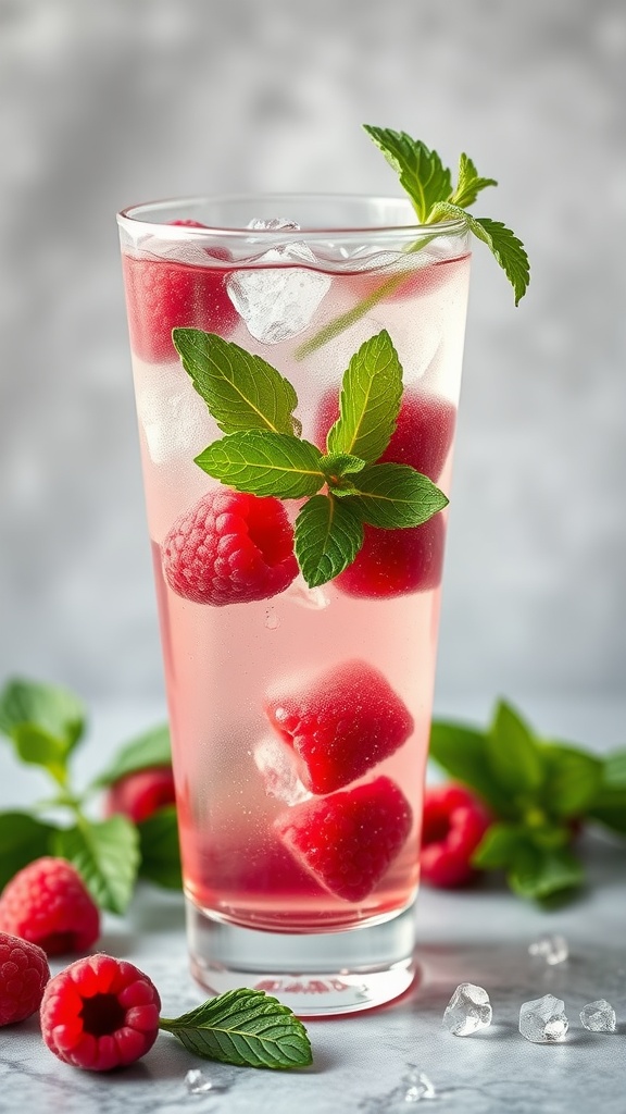 A refreshing Raspberry Mint Sparkler drink with raspberries and mint leaves.
