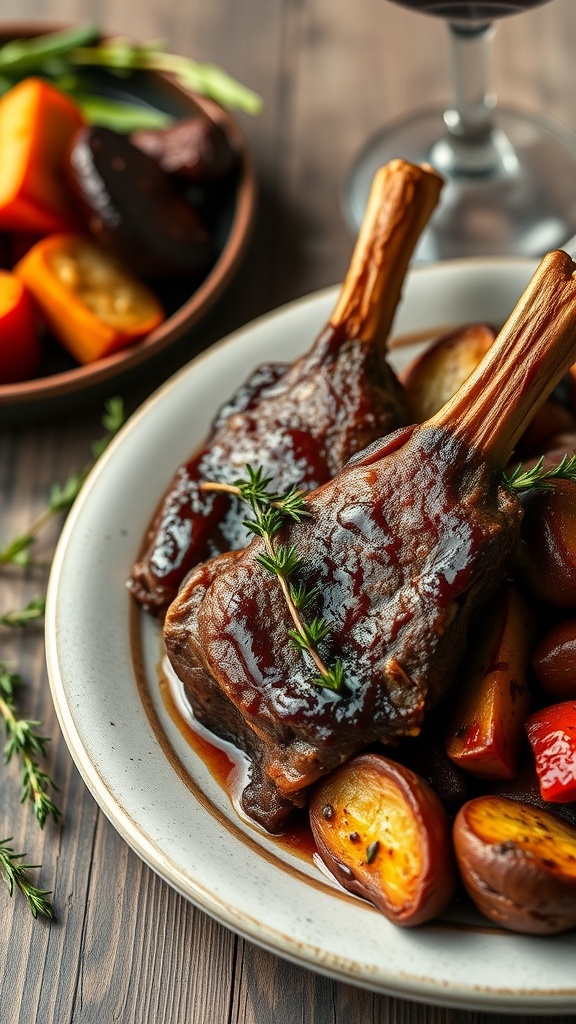 Red wine braised lamb steaks with root vegetables on a plate