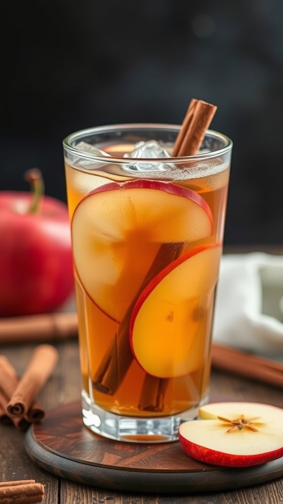A refreshing Spiced Apple Cider Cooler in a glass with apple slices and cinnamon sticks.