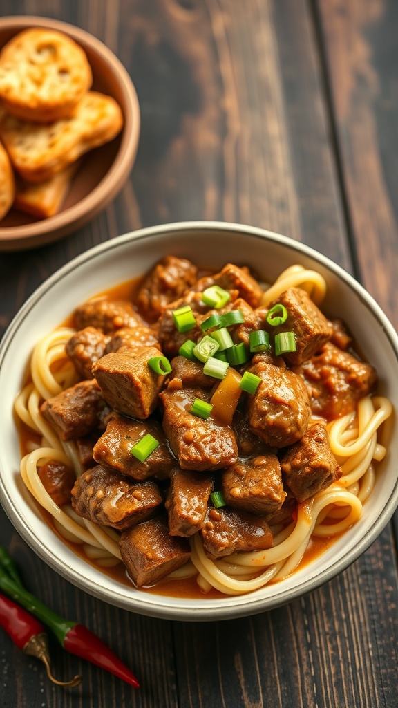 A bowl of Spicy Beef Stroganoff with Paprika served over noodles, garnished with green onions.