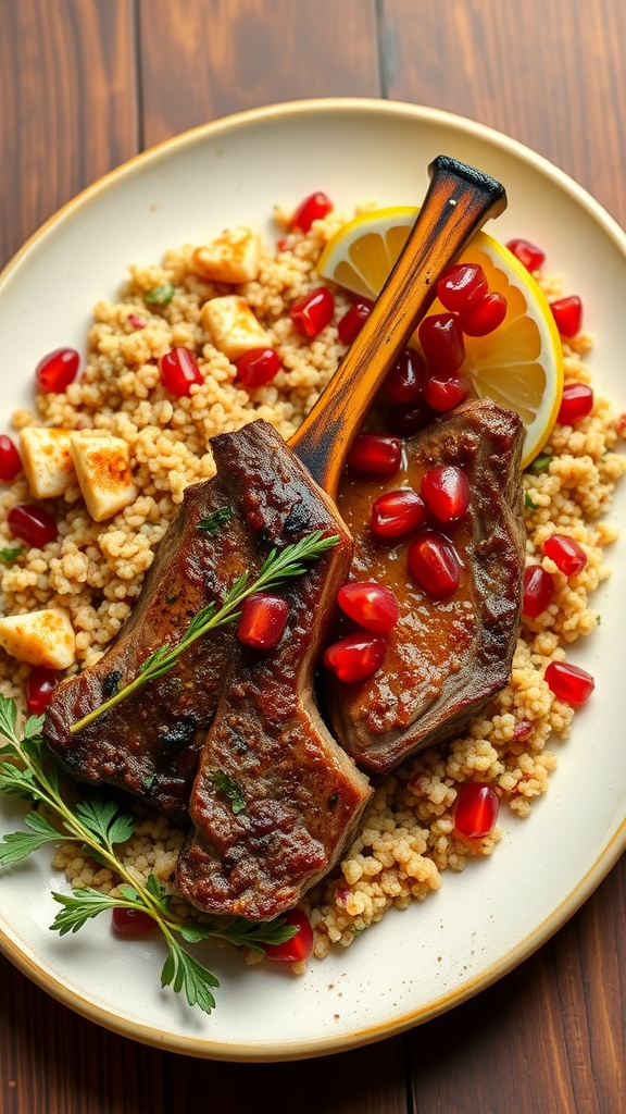 Spicy Harissa Lamb Steaks served with quinoa salad and pomegranate seeds.