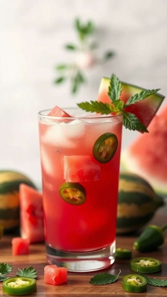 A refreshing glass of Spicy Watermelon Agua Fresca garnished with jalapeño slices and mint leaves, with watermelon pieces in the background.