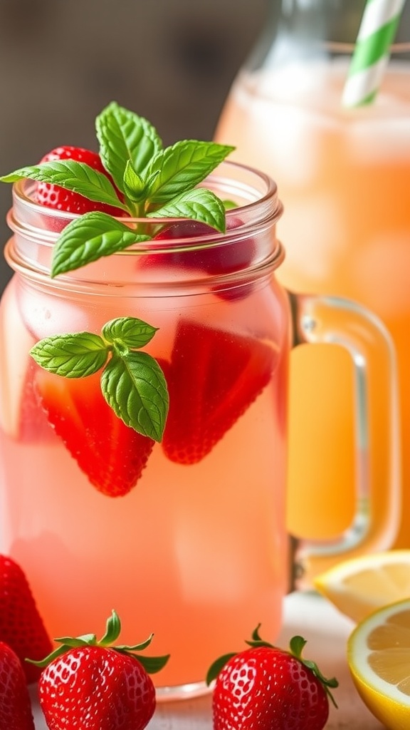 A refreshing glass of Strawberry Basil Lemonade with strawberries and basil leaves