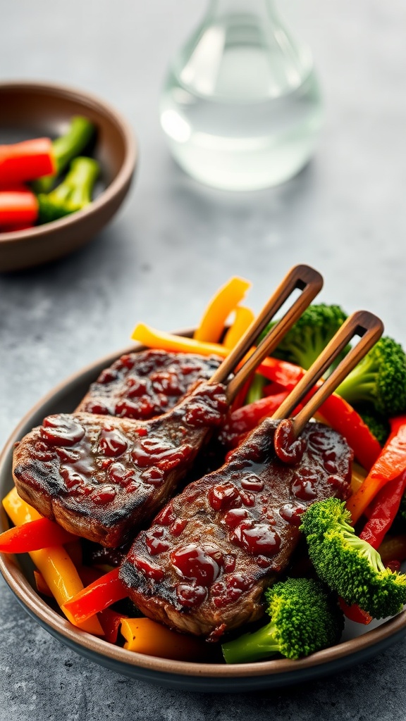 Teriyaki lamb steaks served with stir-fried vegetables