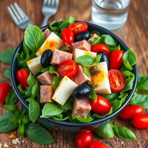 A bright and fresh Italian Grinder Salad with greens, salami, provolone, and a zesty dressing, served on a rustic table.