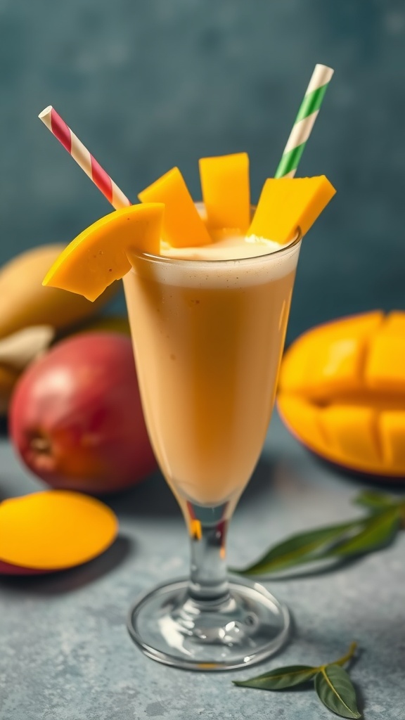 A refreshing Tropical Mango Smoothie garnished with mango slices and colorful straws.