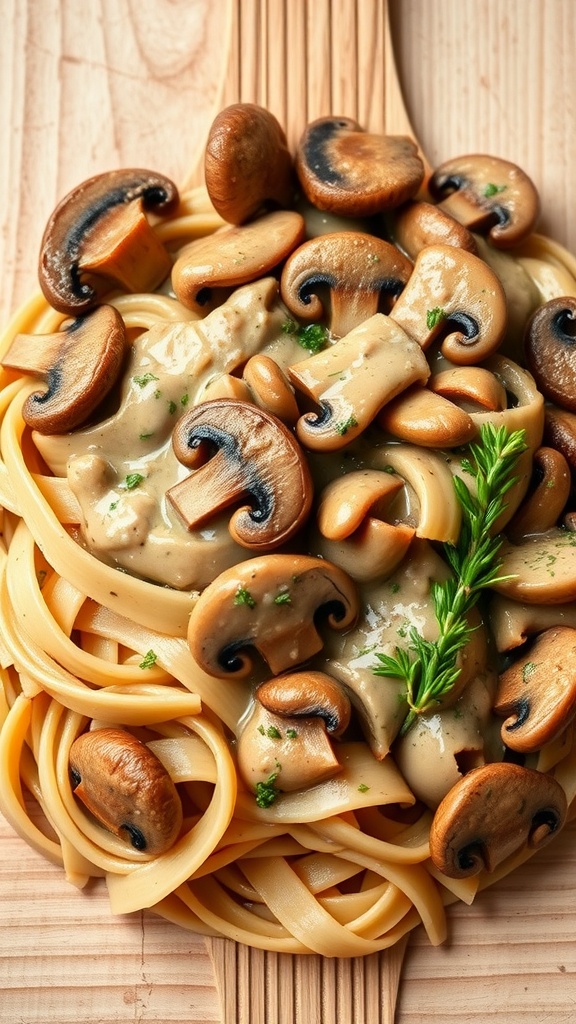 A plate of Vegetarian Mushroom Stroganoff with noodles and mushrooms.