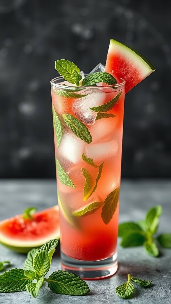 A refreshing Watermelon Mint Cooler in a tall glass, garnished with mint leaves and a slice of watermelon.