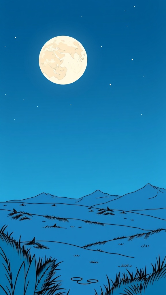 Ilustrasi malam dengan bulan purnama dan pegunungan
