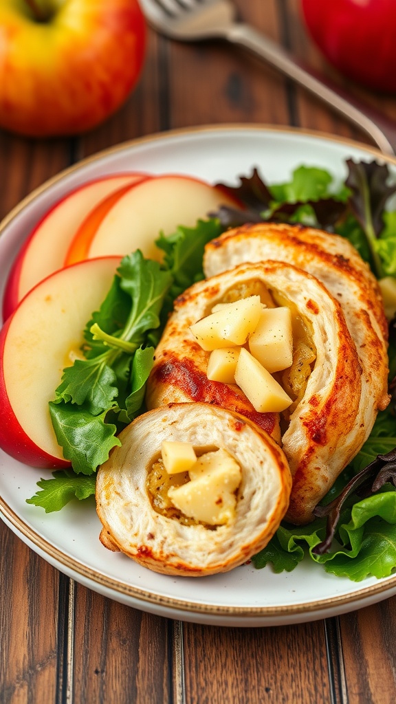 Apple and cheddar stuffed chicken on a plate with salad and apple slices