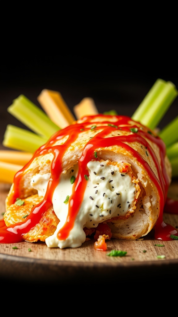 Buffalo chicken breast stuffed with blue cheese and drizzled with sauce.